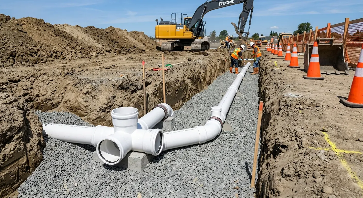 New PVC sewer pipe installation in open trench for Sewer Backup in Oceano