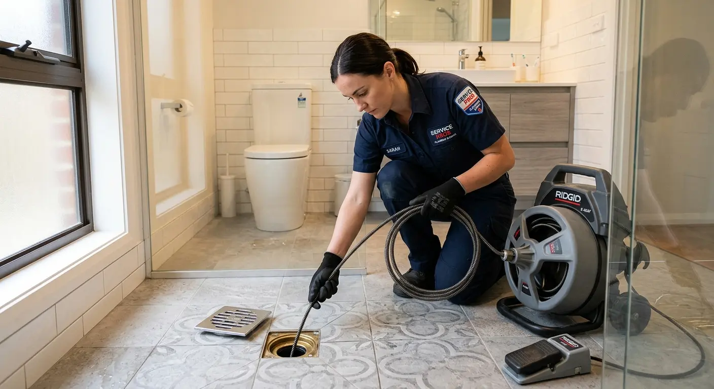 Technician clearing a bathroom floor drain for Drain Cleaning in Oceano